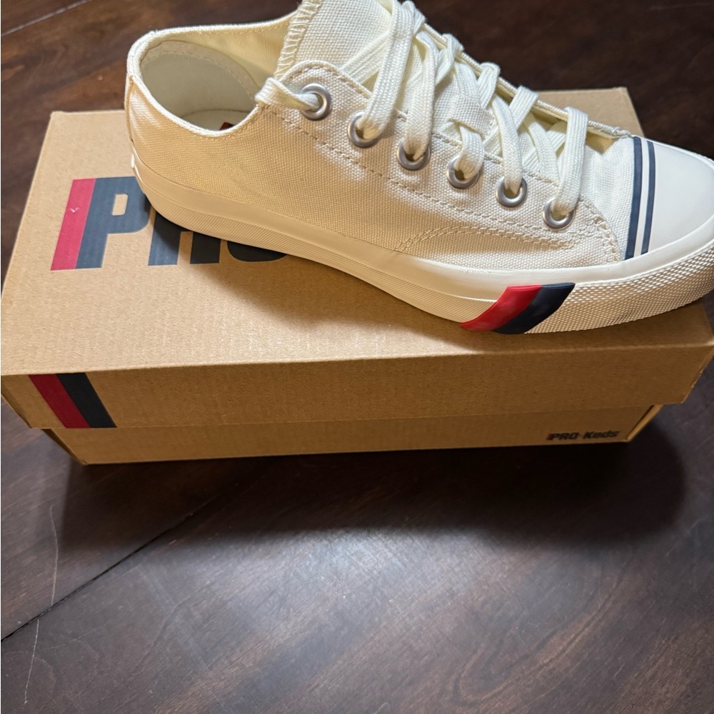 PRO-Keds Cream Canvas Sneaker with Navy Stripe